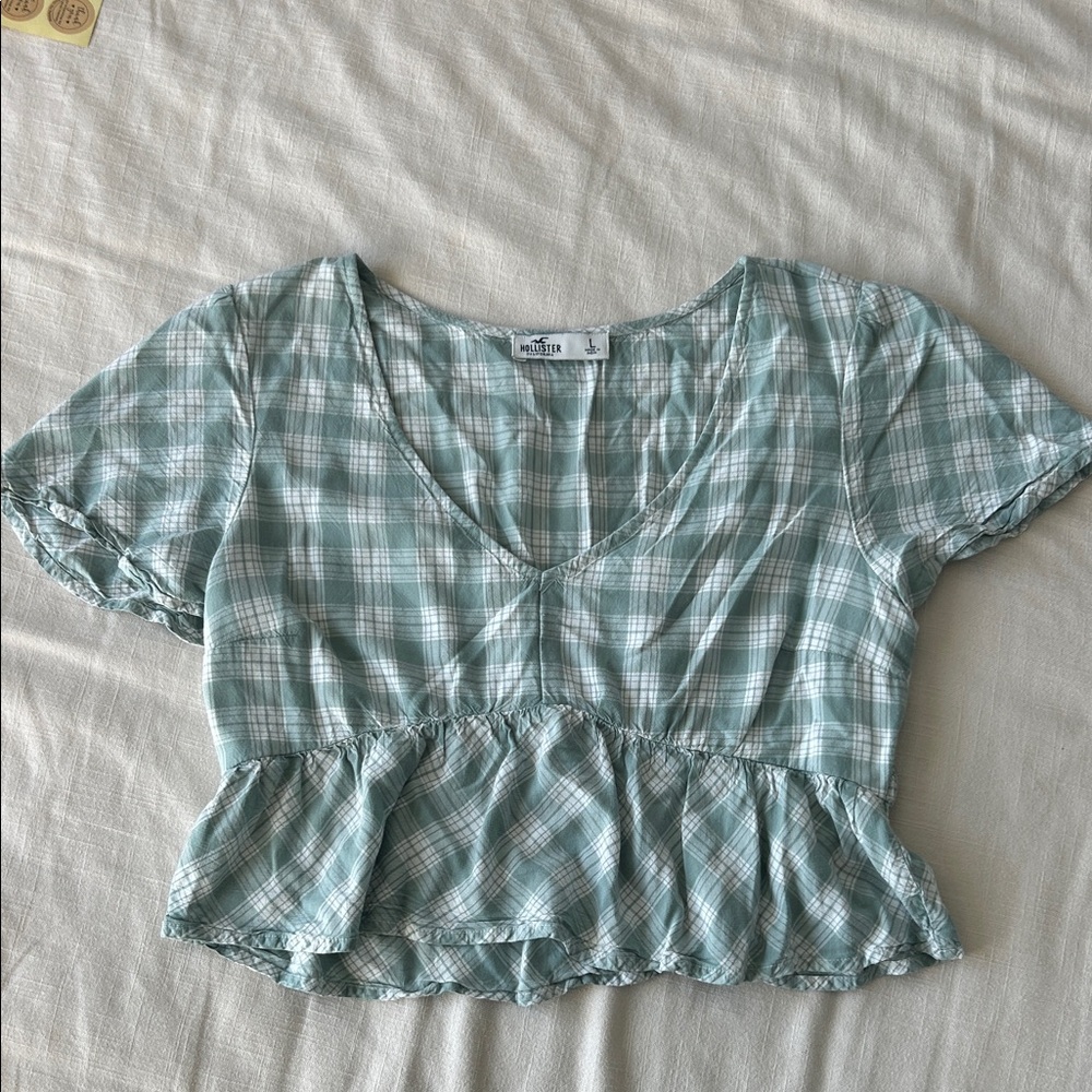 Hollister Plaid V-Neck Ruffle Hem Top